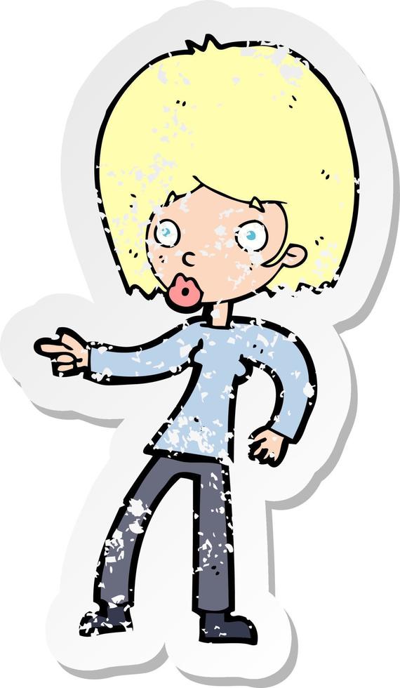 retro distressed sticker of a cartoon woman pointing vector