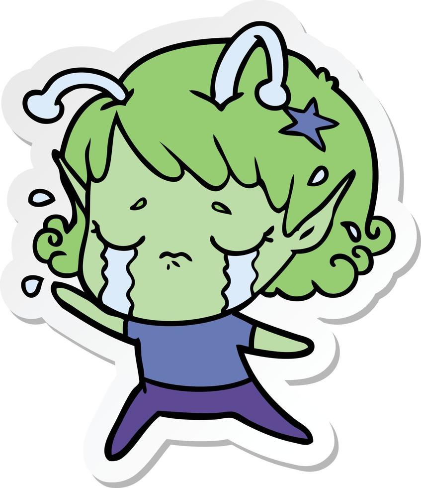 sticker of a cartoon crying alien girl vector