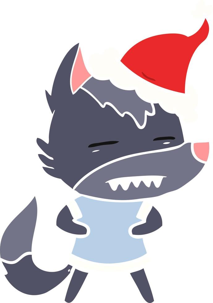 flat color illustration of a wolf showing teeth wearing santa hat vector