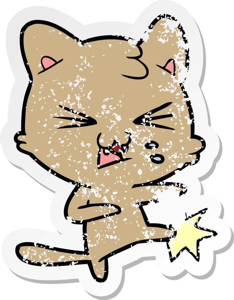 distressed sticker of a cartoon hissing cat vector
