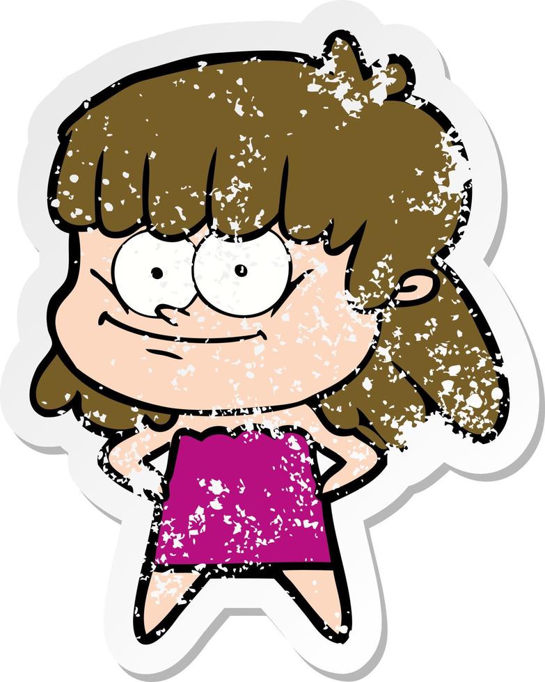distressed sticker of a cartoon smiling woman vector