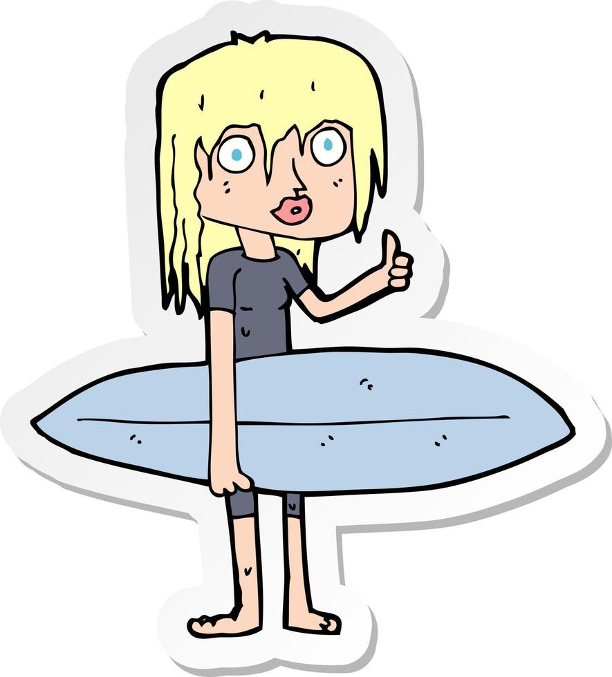 sticker of a cartoon surfer girl vector