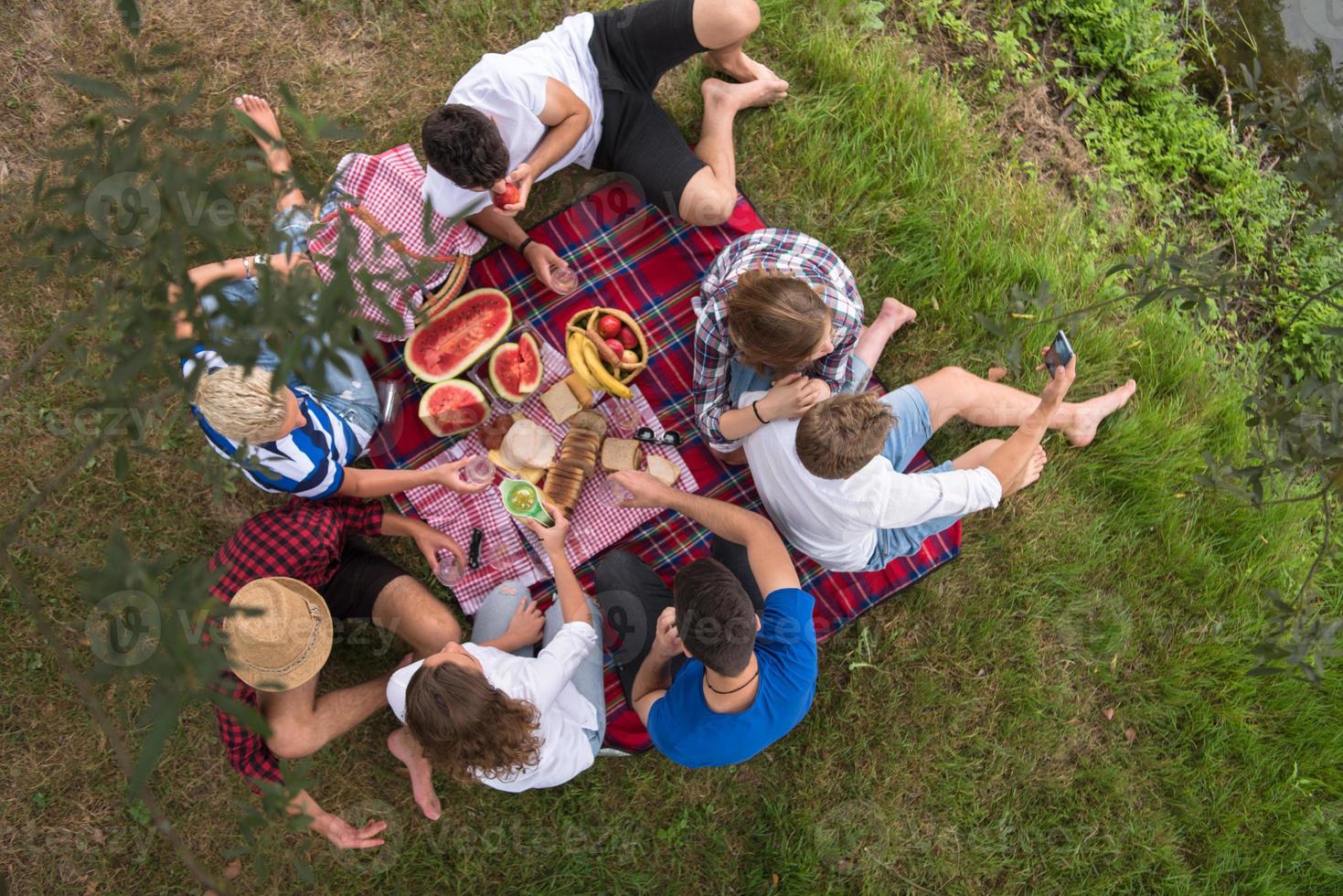 top view of group friends enjoying picnic time photo