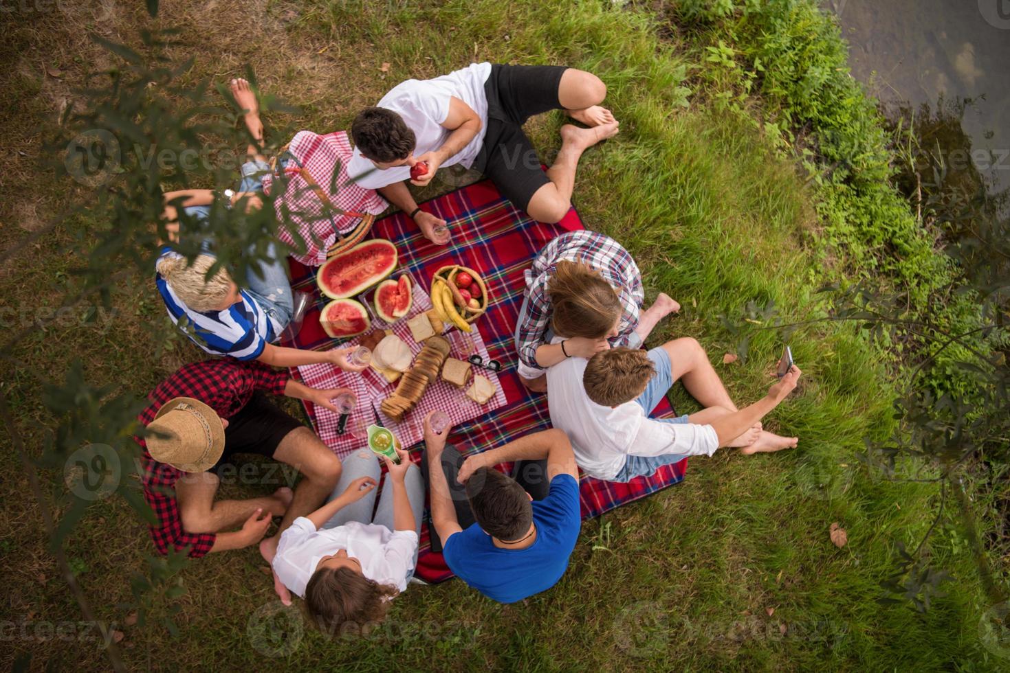 top view of group friends enjoying picnic time photo