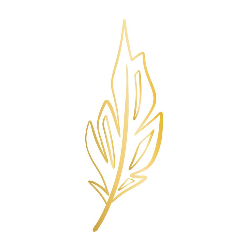 Golden decorative bird feather isolated vector illustration