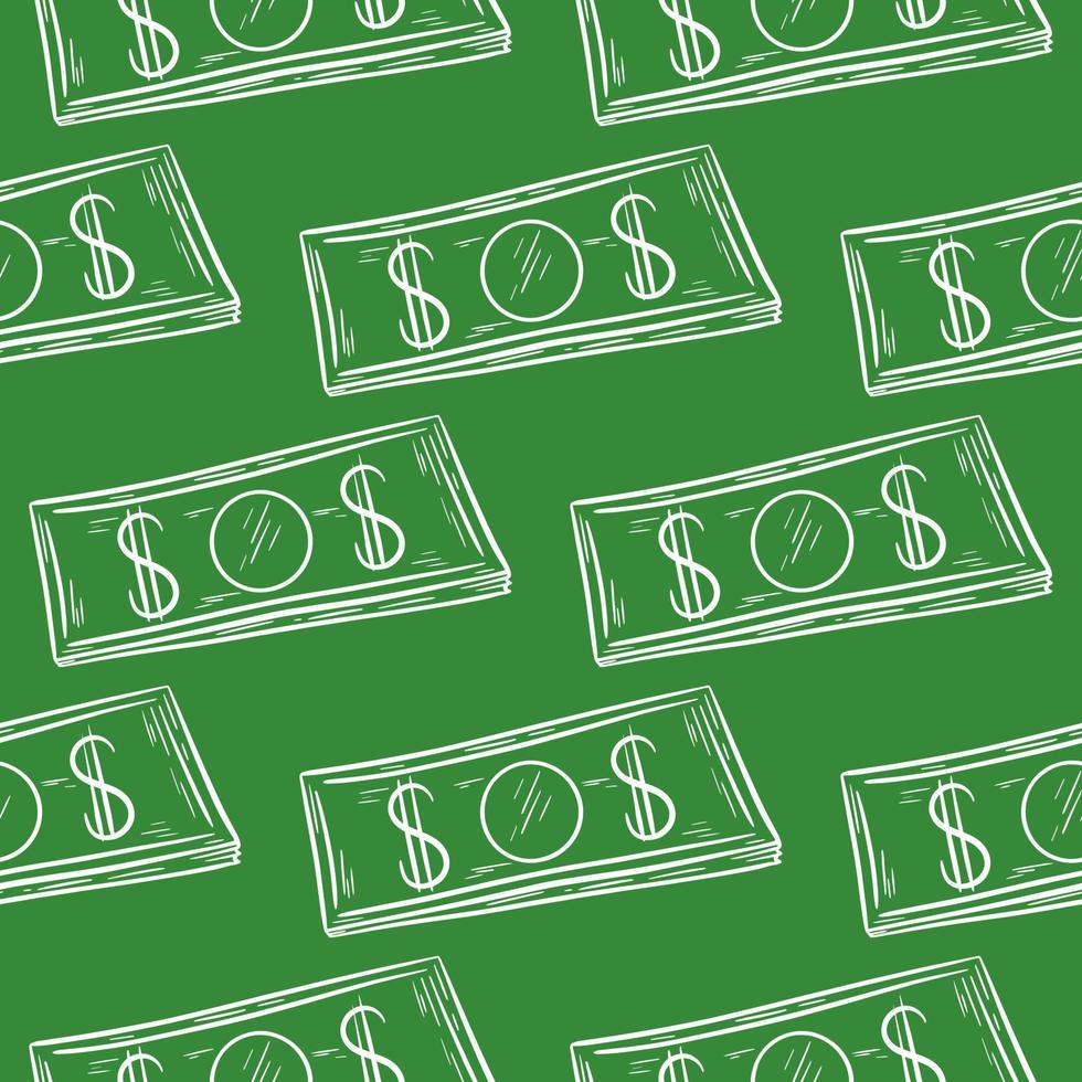 Silhouette of paper banknotes on green background seamless pattern vector