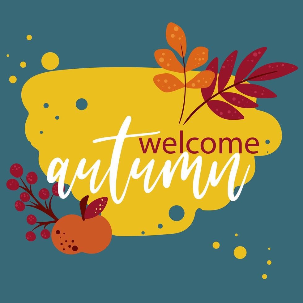 bienvenido otoño letras con tarjeta de manzana, follaje y bayas vector