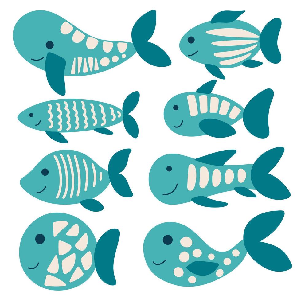 Sea fish set. Simple childish illustration of marine or freshwater inhabitants. Isolated fish vector illustration