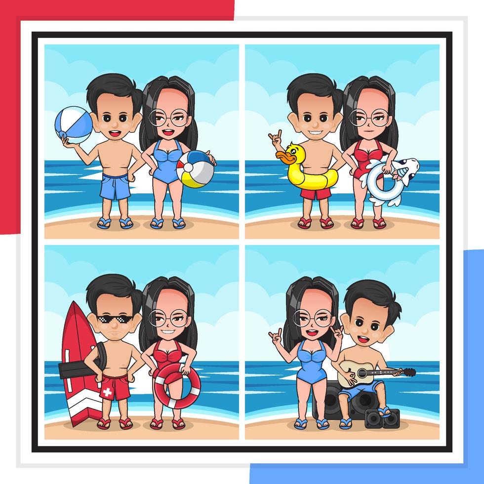 paquete conjunto ilustración de dibujos animados de niño y niña en la playa en verano vector