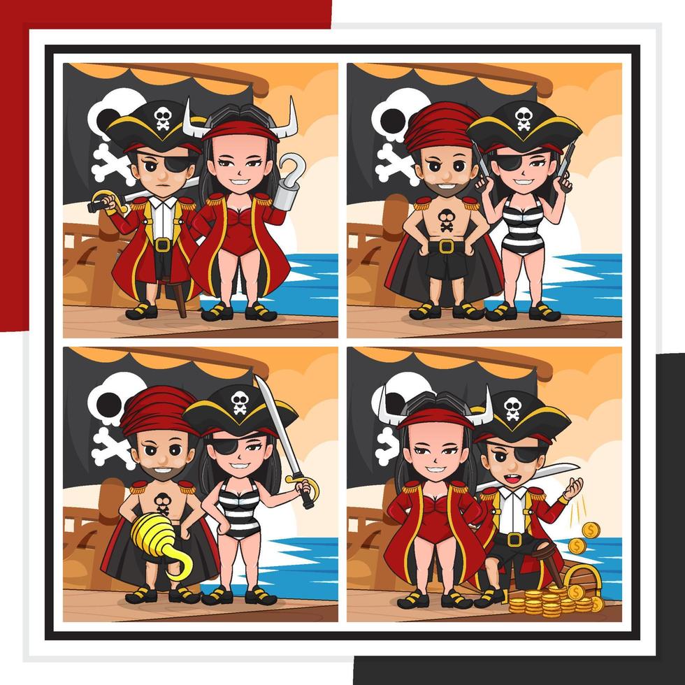 Bundle set cartoon illustration of pirates vector