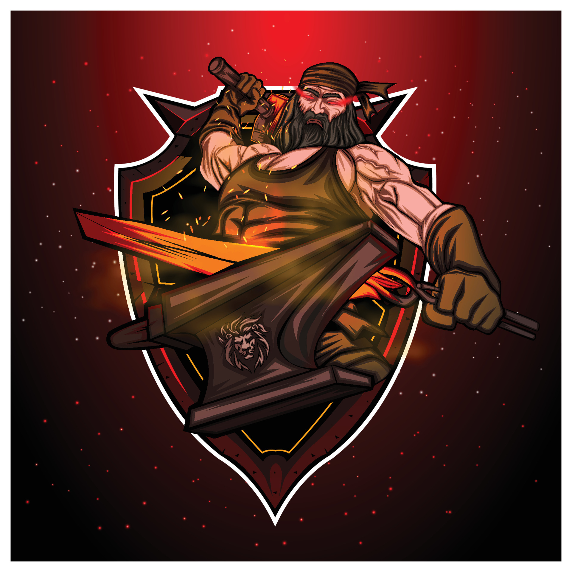 A blacksmith works with a hammer and anvil in a illustration