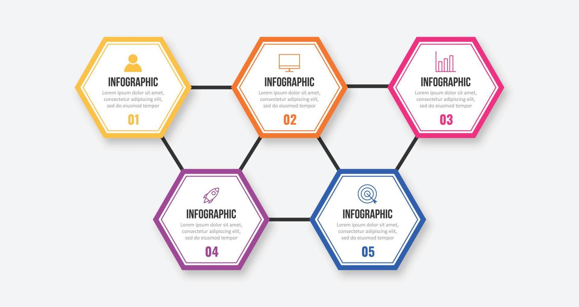 diseño de etiquetas infográficas vectoriales con plantilla hexagonal. concepto de negocio con 5 opciones, pasos o procesos. vector