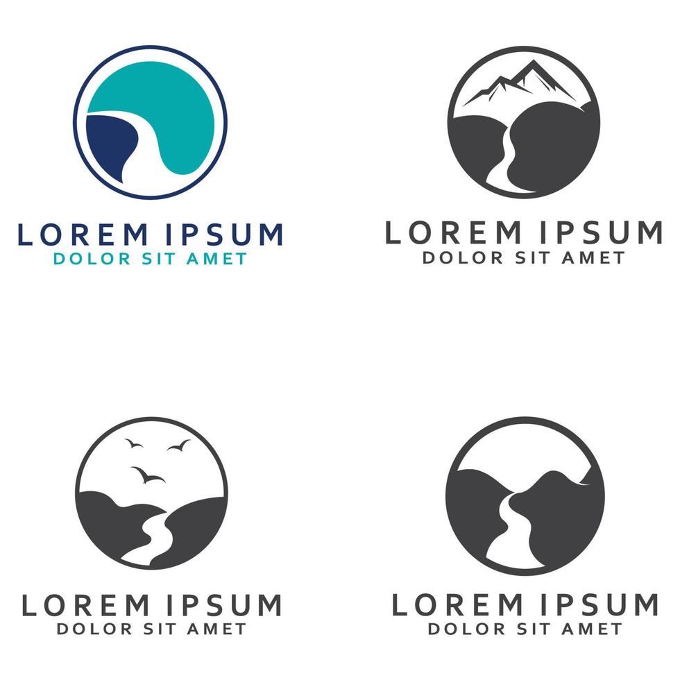 Logos of rivers, creeks, riverbanks and streams. River logo with combination of mountains and farmland with concept design vector illustration template.