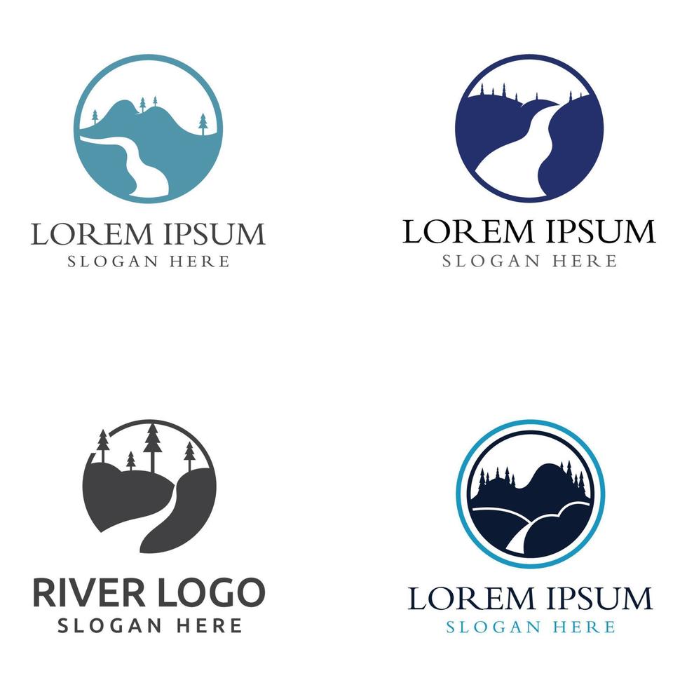 Logos of rivers, creeks, riverbanks and streams. River logo with combination of mountains and farmland with concept design vector illustration template.