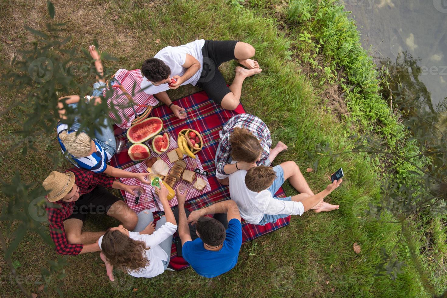 top view of group friends enjoying picnic time photo