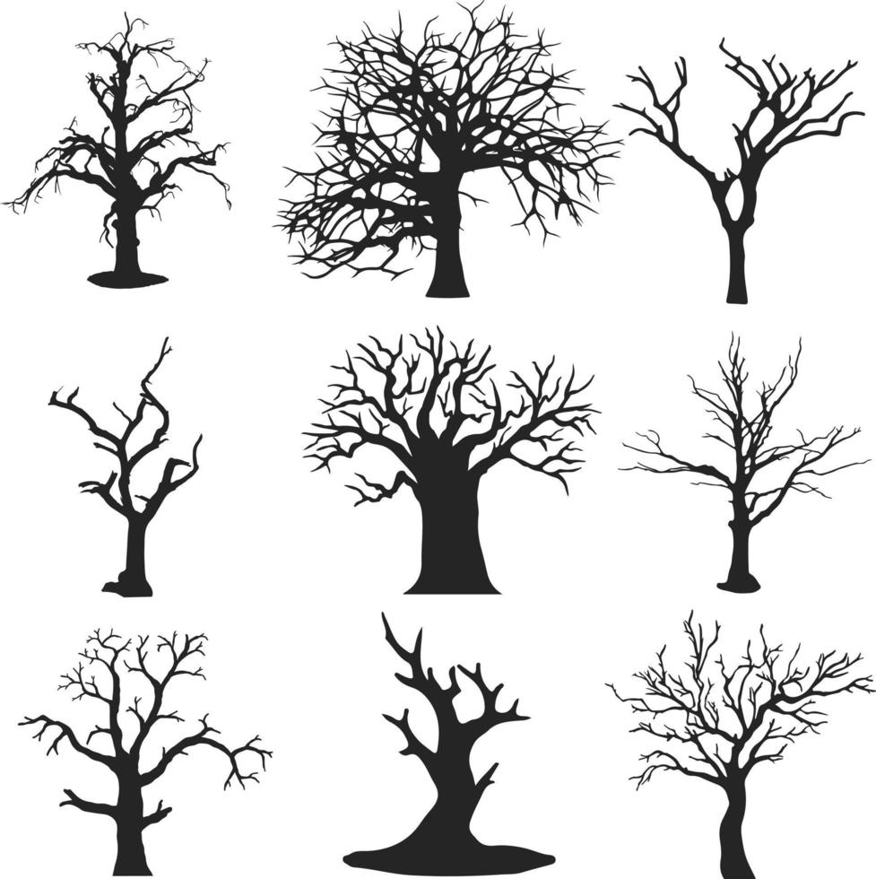 Dead tree silhouettes. dying black scary trees forest illustration. natural dying old tree of set Free Vector