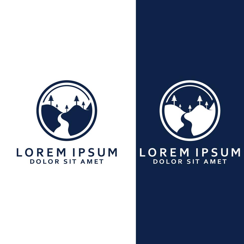 Logos of rivers, creeks, riverbanks and streams. River logo with combination of mountains and farmland with concept design vector illustration template.