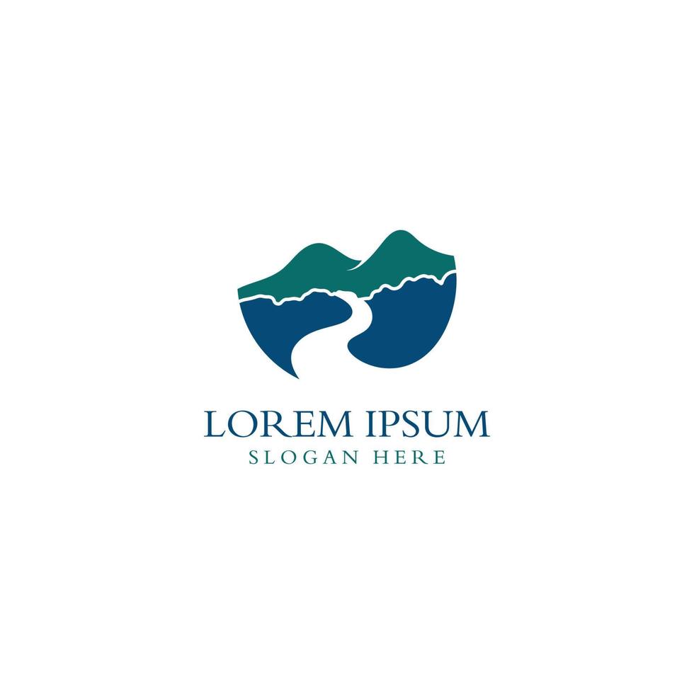 Logos of rivers, creeks, riverbanks and streams. River logo with combination of mountains and farmland with concept design vector illustration template.