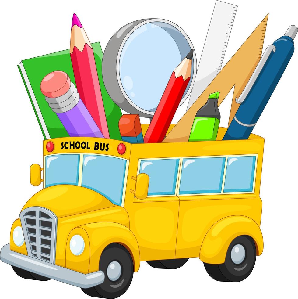 autobús escolar con dibujos animados de útiles escolares 10756883 Vector en  Vecteezy