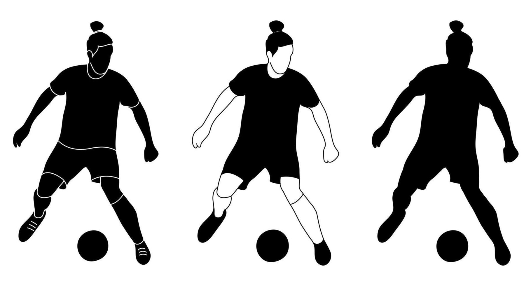 conjunto, contorno de silueta, jugador de fútbol deportista en el juego de pelota. fútbol, deporte, vector aislado.