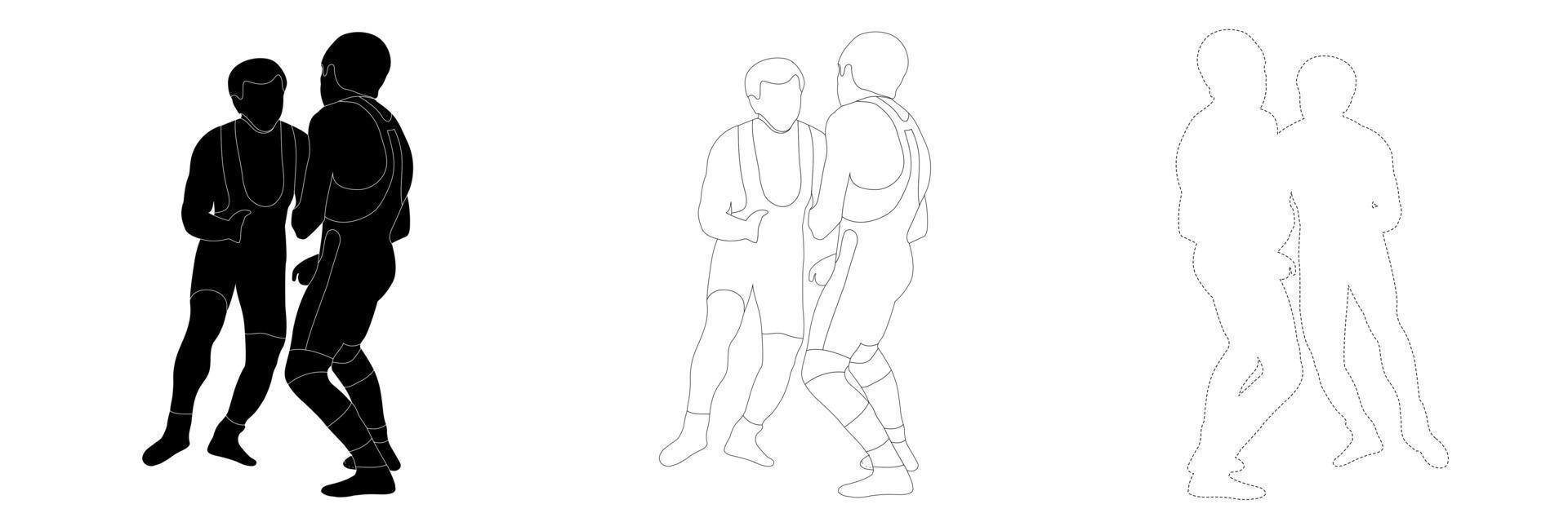 esbozar la silueta en blanco y negro de un atleta luchador en la lucha, la celebración, el agarre. garabatear dibujo de líneas en blanco y negro. vector