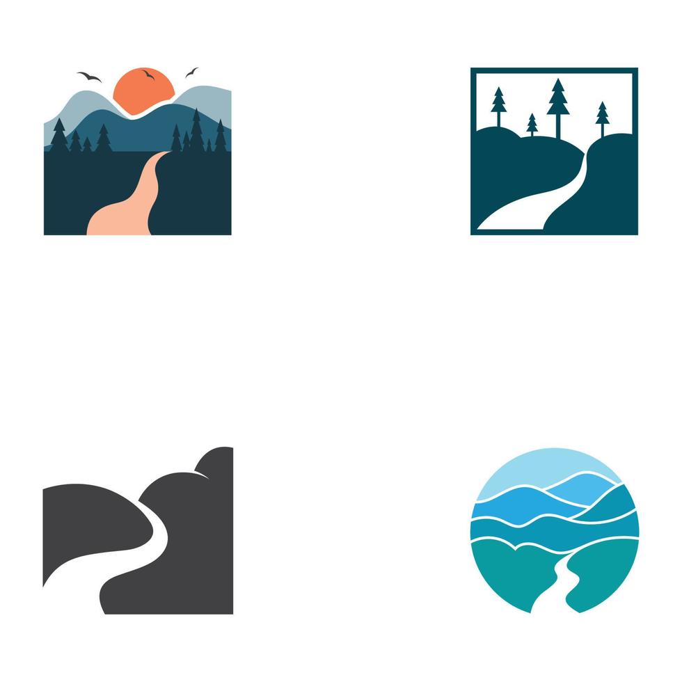 Logos of rivers, creeks, riverbanks and streams. River logo with combination of mountains and farmland with concept design vector illustration template.