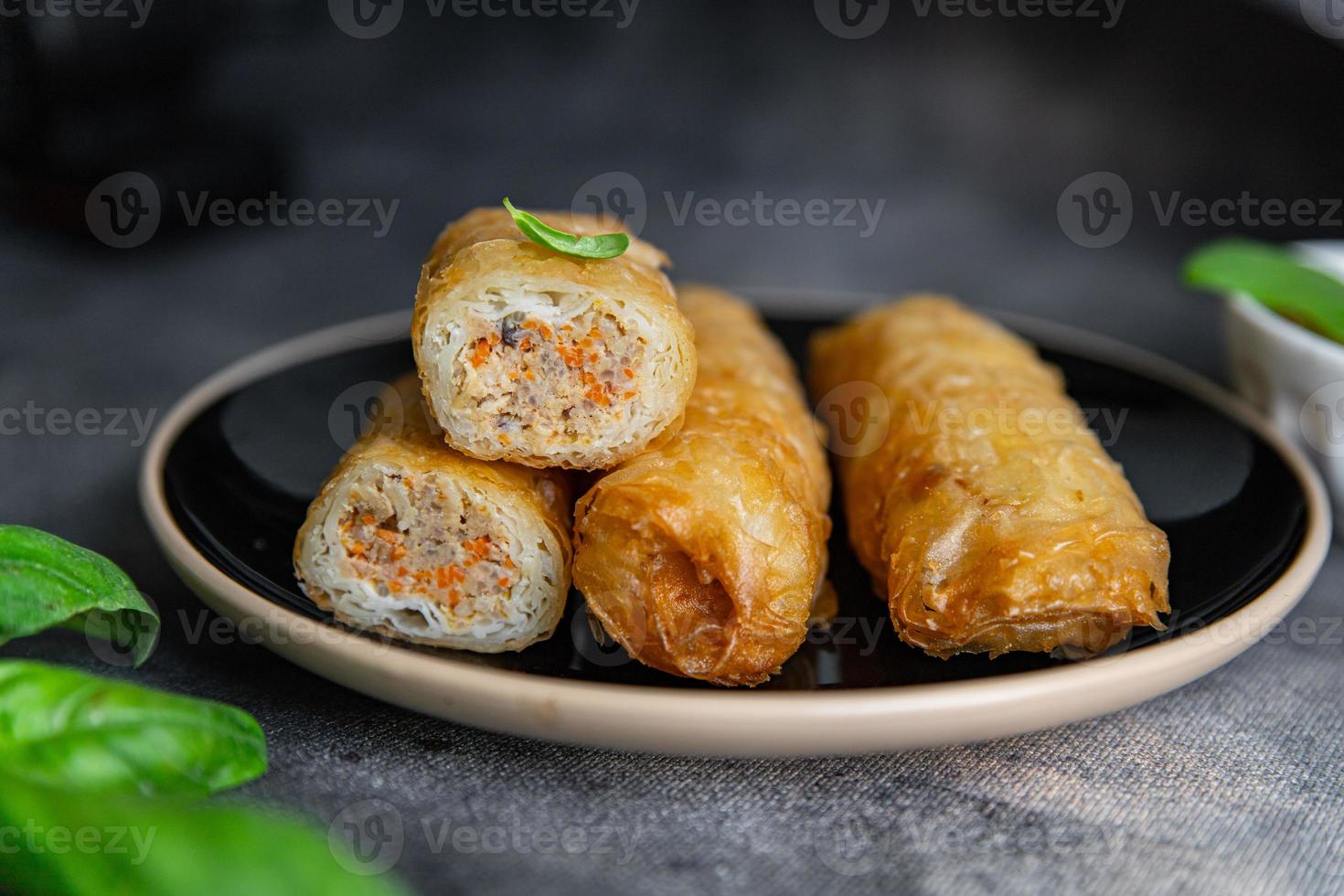 Nem food meat vegetable nems spicy sauce cuisine deep fried spring rolls fresh meal on the table copy space food background photo