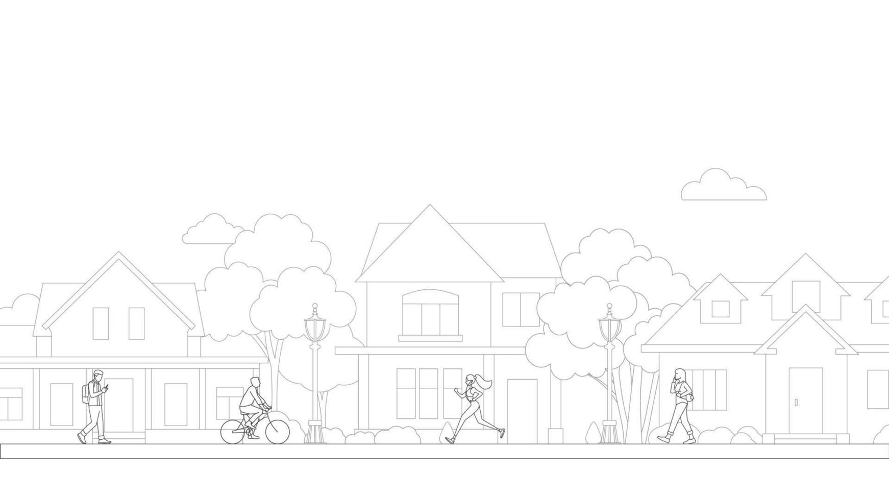 vector de arte de línea de barrio de vida de pueblo de personas. edificios residenciales en la calle suburbana. andar en bicicleta y caminar en el barrio de la vida del pueblo.