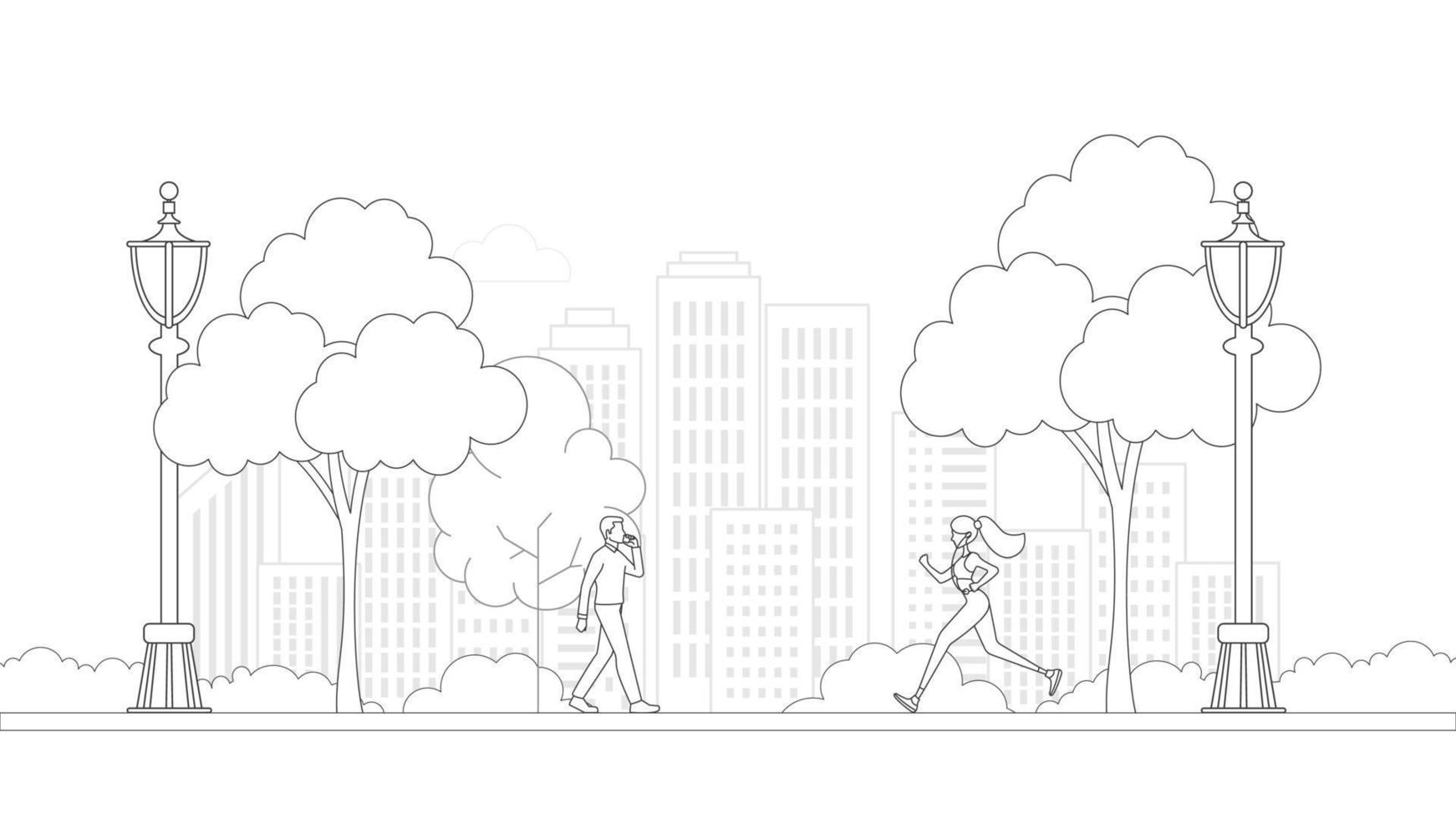 People, city skyline in line art style - landscape with houses, trees and clouds. Isolated vector illustration of beautiful cityscape for real estate and property banner or card