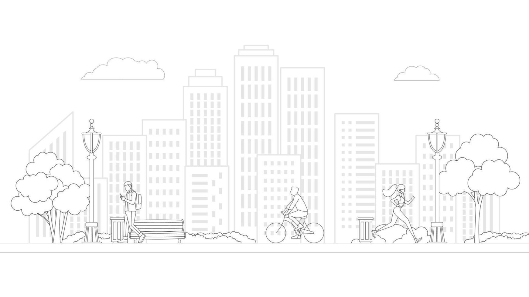 vector de arte de línea de barrio de vida de pueblo de personas. edificios residenciales en la calle suburbana. andar en bicicleta y caminar en el barrio de la vida del pueblo.