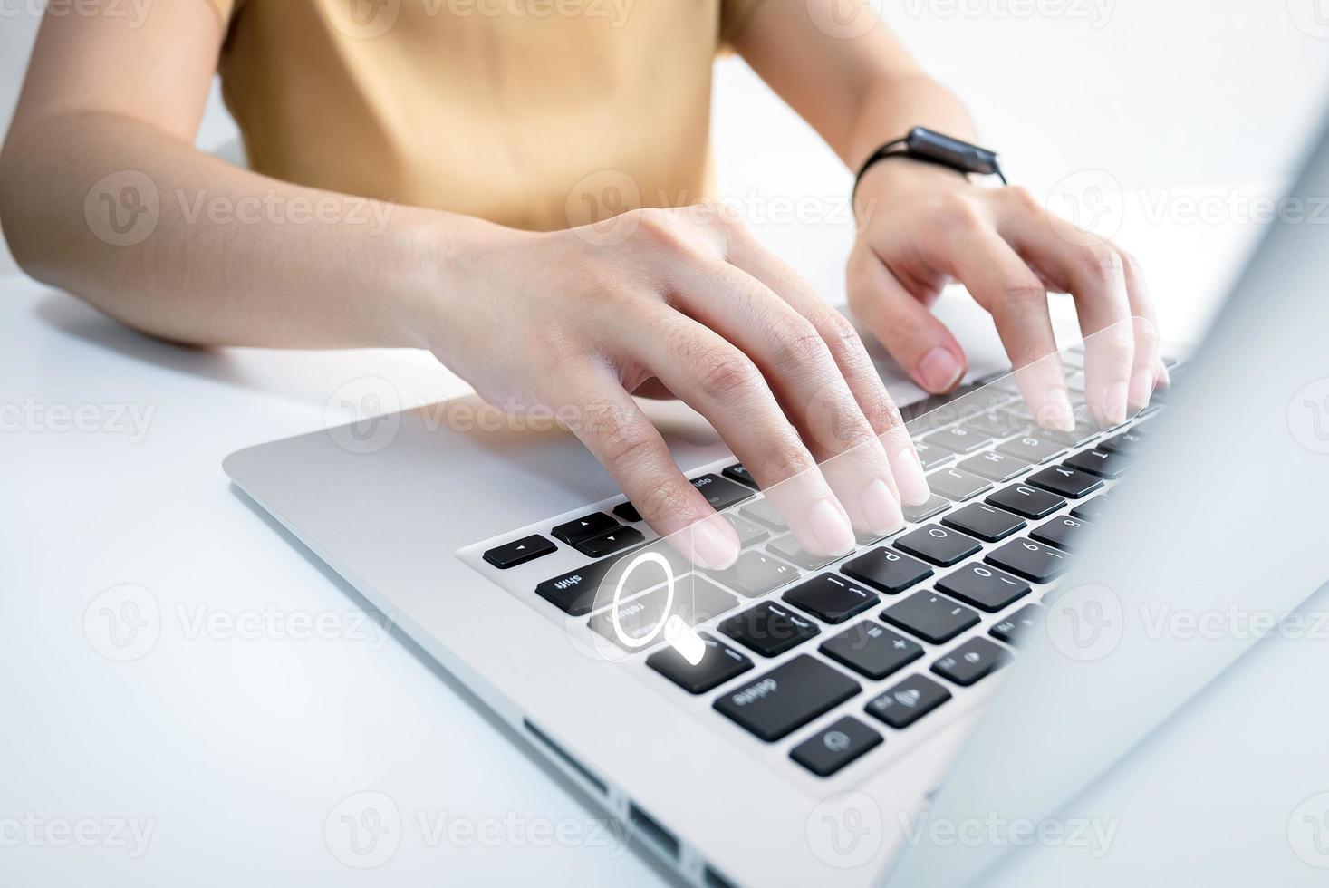 SEO Search engine optimization, Search technology, women's hands using a computer keyboard to search for information, using websites search bar to find the desired information or shopping online. photo