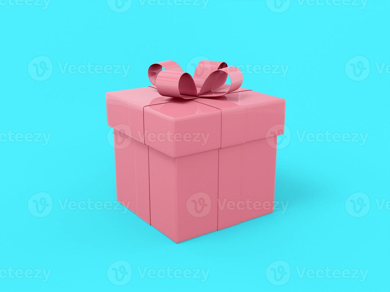 Pink mono color gift box with ribbon and bow on a blue solid background. Minimalistic design object. 3d rendering icon ui ux interface element. photo