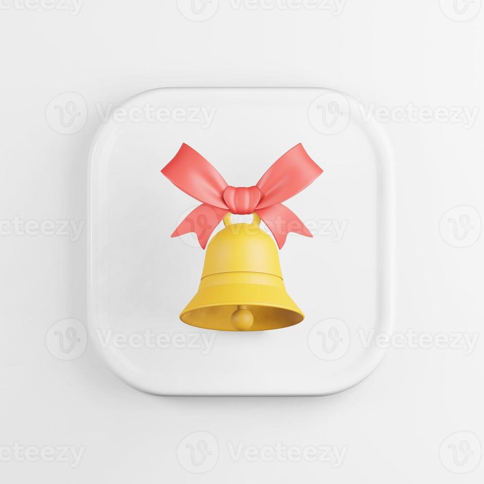 Yellow bell icon with red ribbon. 3d rendering white square ui element. photo