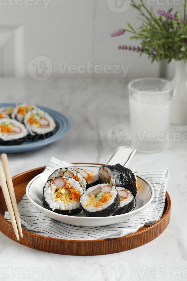 Gimbap Korean Rol Rice with Egg, Vegetable, and Beef photo