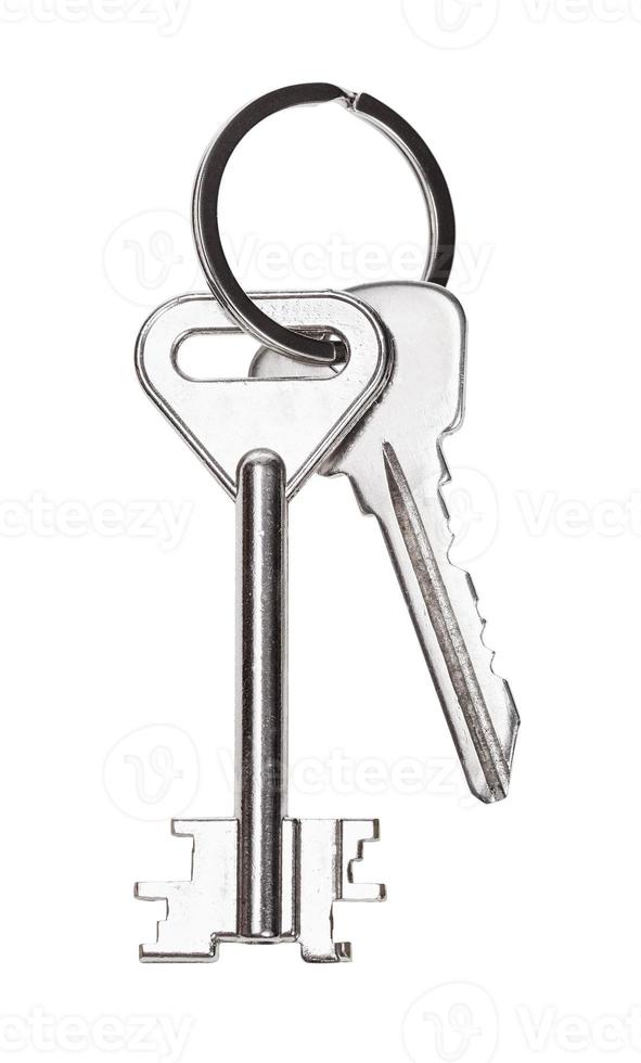 two door keys on keyring isolated on white photo