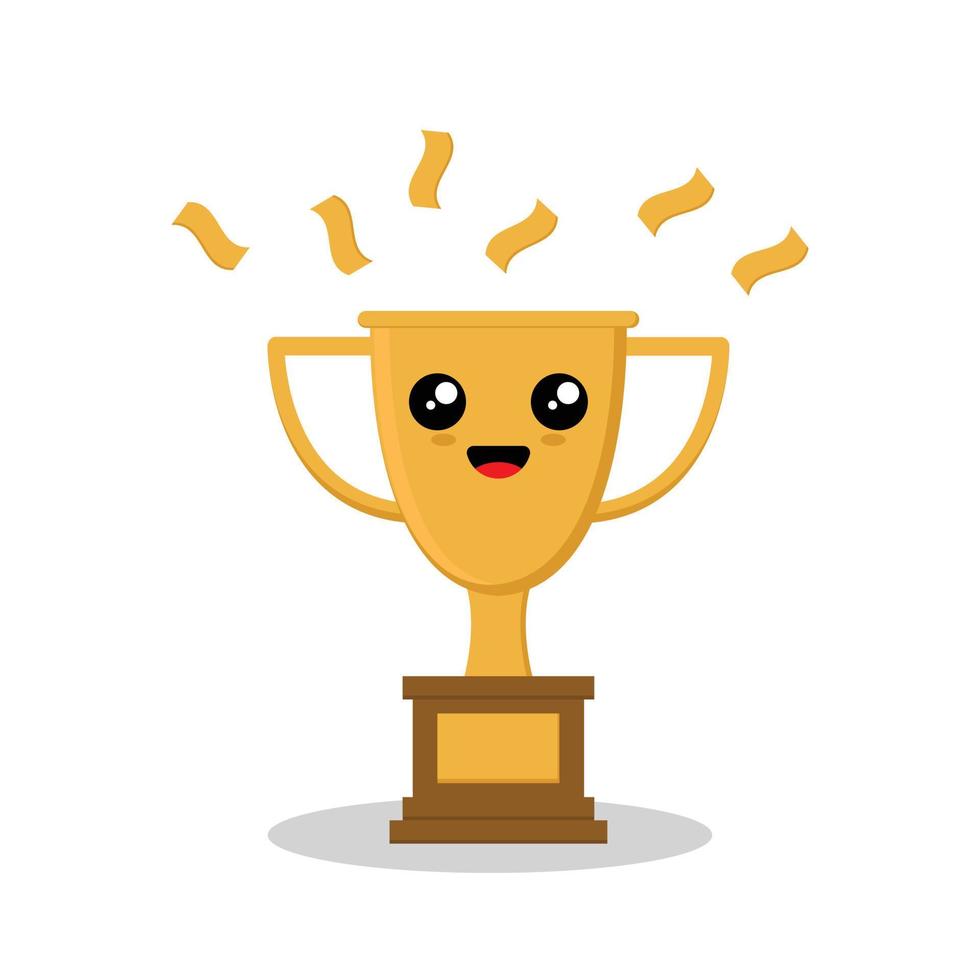 golden trophy cute cartoon character vector illustration, victory symbol in sports