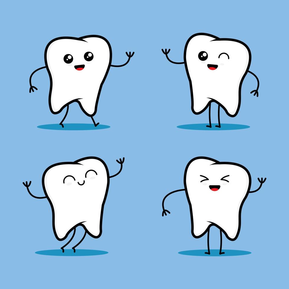 vector illustration of cute white teeth cartoon character with various expressions, great for health and children's themes