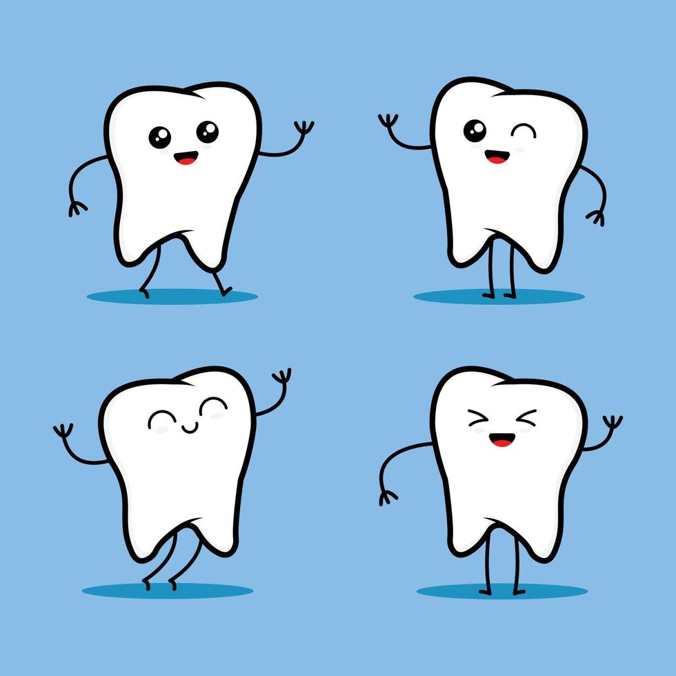 ilustración vectorial de un lindo personaje de dibujos animados de dientes blancos con varias expresiones, excelente para la salud y los temas infantiles vector