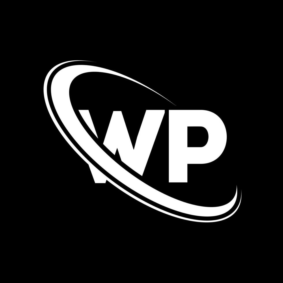 logotipo de wp. diseño de wp letra wp blanca. diseño del logotipo de la letra wp. letra inicial wp círculo vinculado logotipo de monograma en mayúsculas. vector