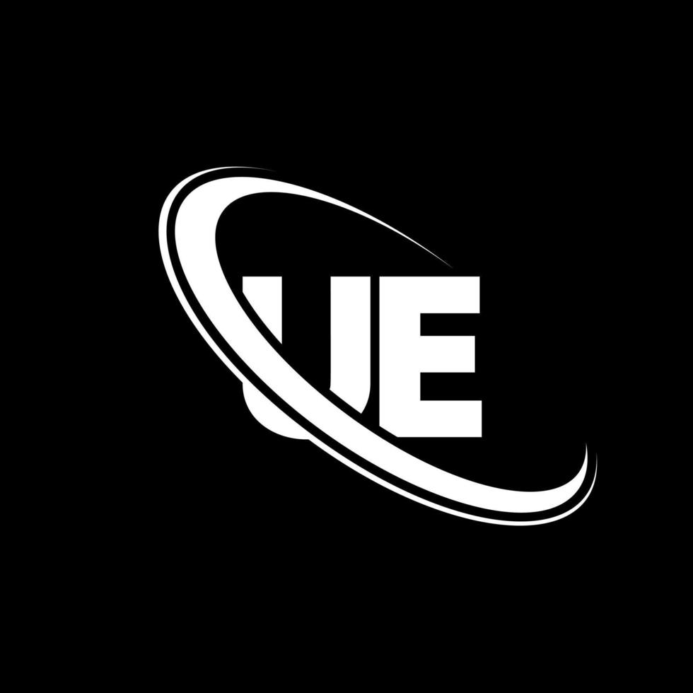 UE logo. U E design. White UE letter. UE letter logo design. Initial letter UE linked circle uppercase monogram logo. vector