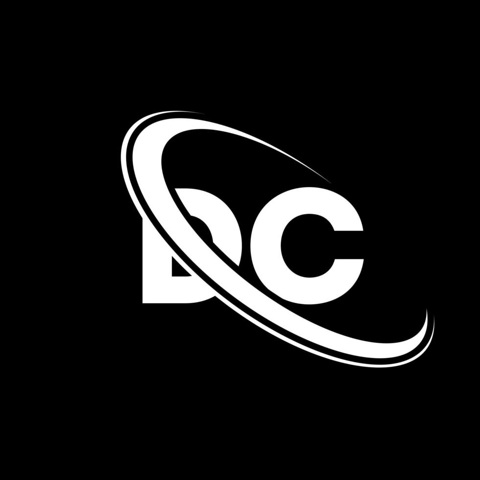 logotipo de corriente continua. diseño de corriente continua. letra dc blanca. diseño del logotipo de la letra dc. logotipo del monograma en mayúsculas del círculo vinculado de la letra inicial dc. vector