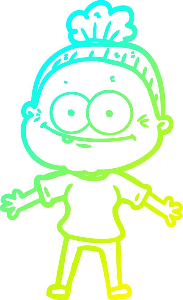 cold gradient line drawing cartoon happy old woman vector