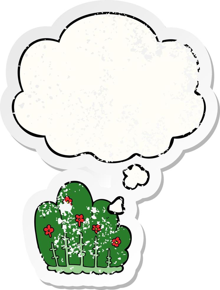 cartoon hedge and thought bubble as a distressed worn sticker vector