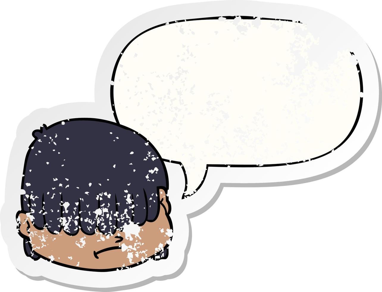 cartoon face and hair over eyes and speech bubble distressed sticker vector