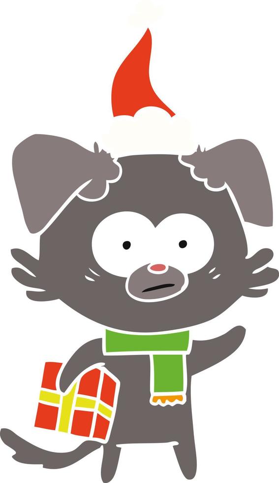 nervous dog flat color illustration of a with gift wearing santa hat vector