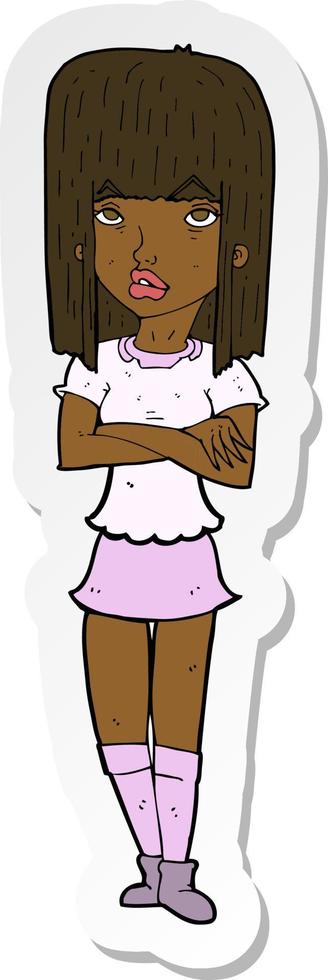 sticker of a cartoon girl with crossed arms vector