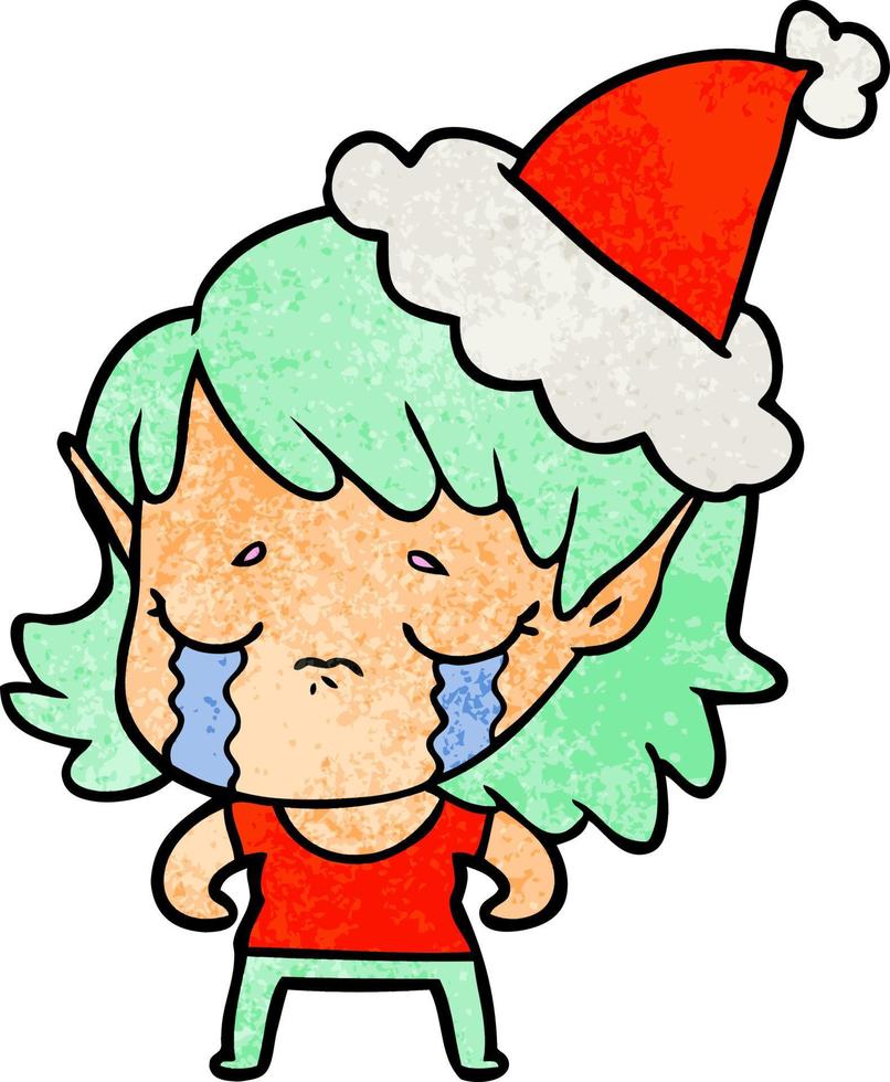 caricatura texturizada de una niña elfa llorando con sombrero de santa vector