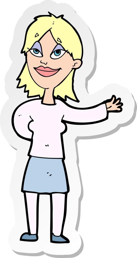 sticker of a cartoon woman gesturing to show something vector