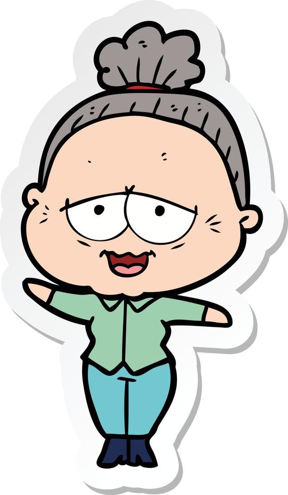 sticker of a cartoon happy old lady vector