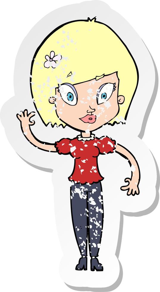 retro distressed sticker of a cartoon pretty woman waving vector
